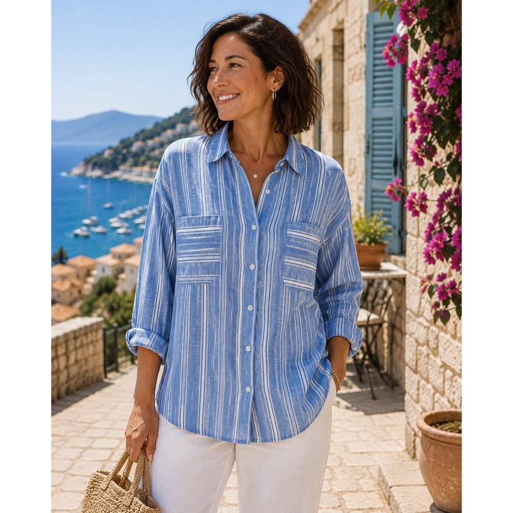 J. Jill Love Linen Striped L Tunic Top Collared Popover Blue White Button Womens